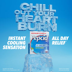 Pepcid AC tablet being swallowed with a glass of water