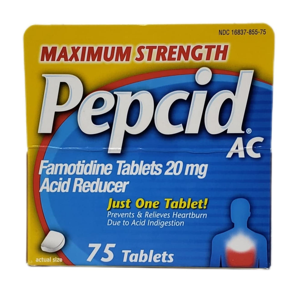 Pepcid AC tablets close-up highlighting 20 mg famotidine for quick action.