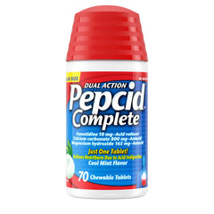 Pepcid Complete bottle front in mint flavor for fast heartburn relief.
