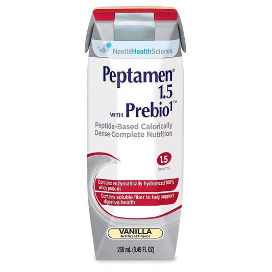 Peptamen Vanilla oral supplement carton shows convenient 24 pack for balanced nutrition
