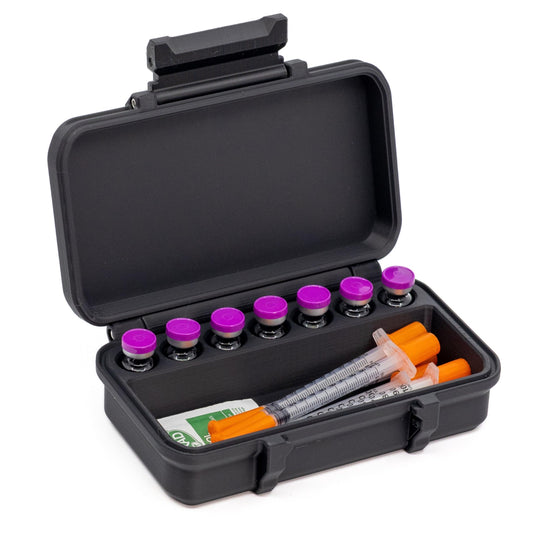 Peptide Case front view shows compact travel-ready storage for vials and syringes.