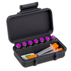 Peptide Case front view shows compact travel-ready storage for vials and syringes.