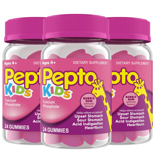 Pepto Kids Gummies bubblegum flavor bottle for quick tummy relief.