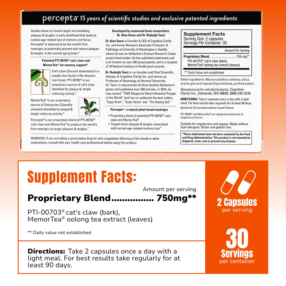 Percepta capsules close-up highlighting easy, daily memory support capsules.