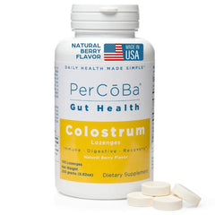 PERCOBA Bovine Colostrum Lozenges packaging on shelf, highlighting potency.