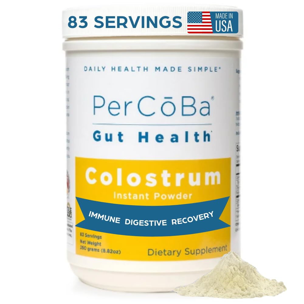 PERCOBA Colostrum bottle pour shows pure powder for gut support.