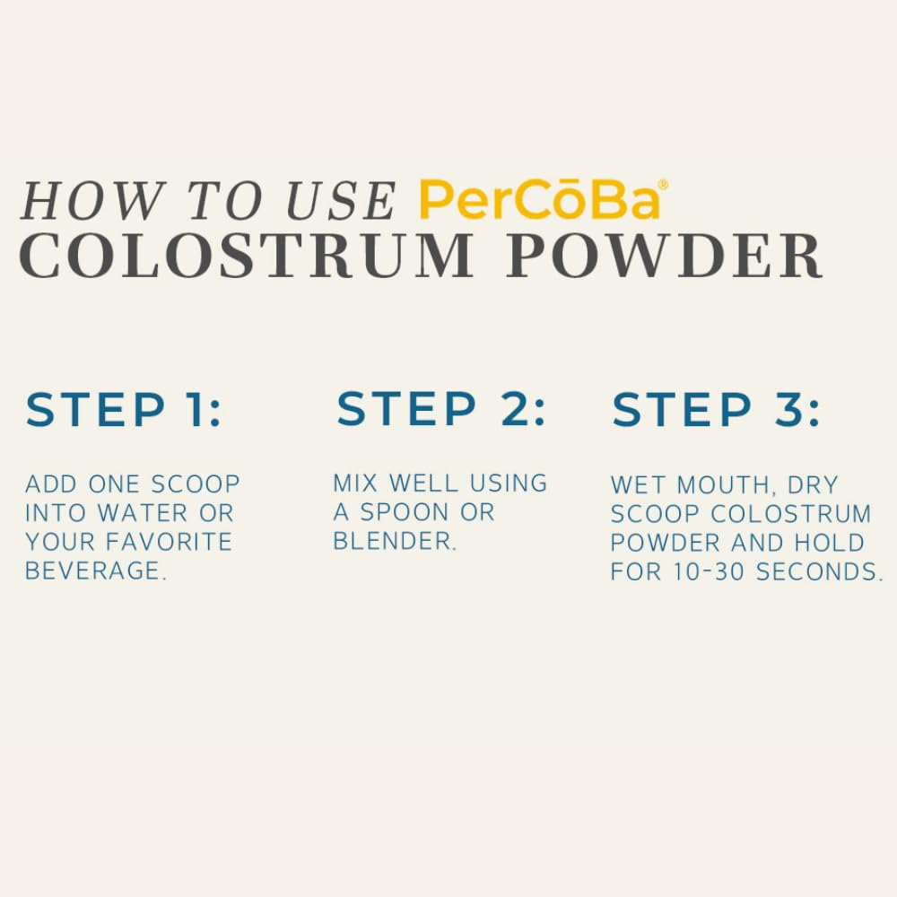 PERCOBA Colostrum glass bottle label with ingredients and gluten-free claim.