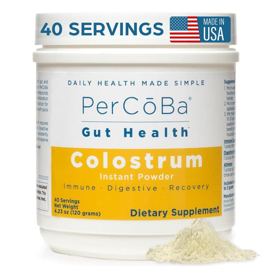 PERCOBA Colostrum Powder jar close-up highlighting quality bovine colostrum for gut wellness.