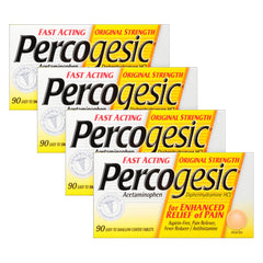 Percogesic Original Pain Relief bottle with 90 coated caplets for fast relief.