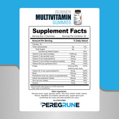 PEREGRUNE Runner Multivitamin Gummies nutrition facts panel communicates transparency and clarity