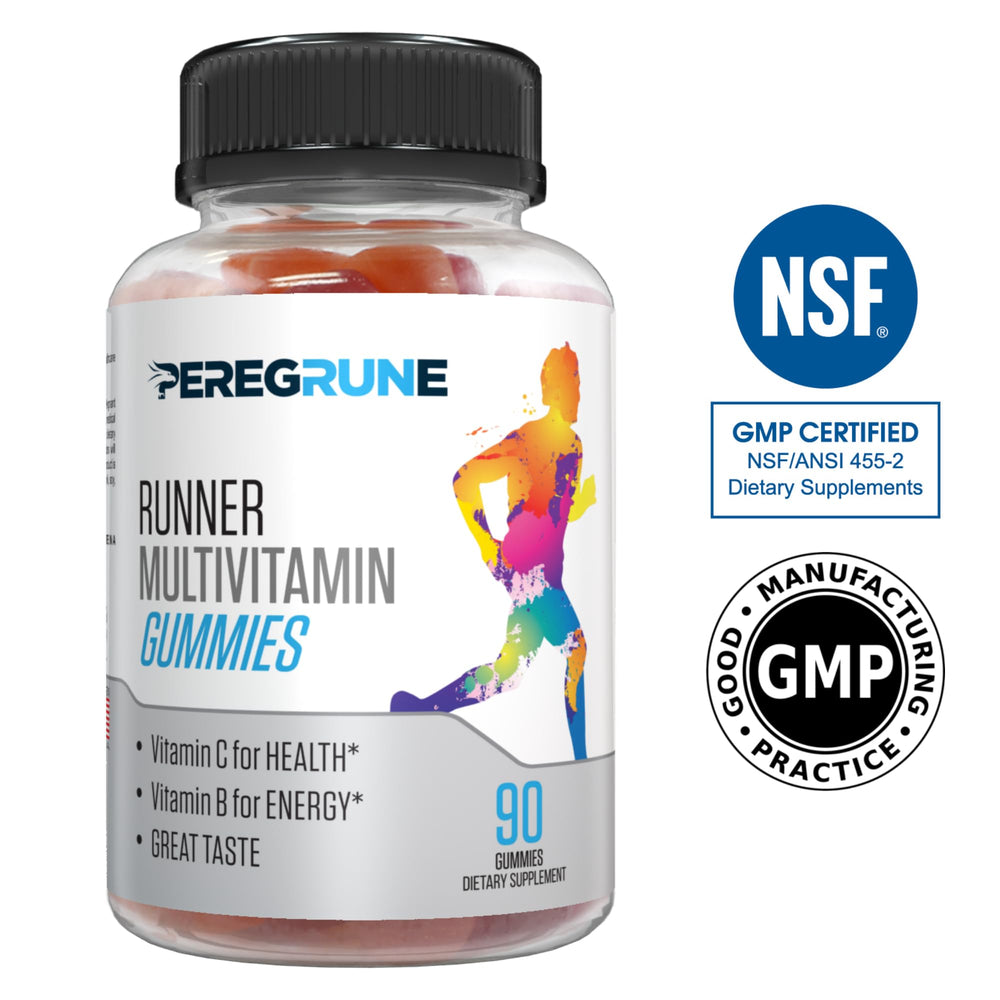PEREGRUNE Runner Multivitamin Gummies on-running-belt scene emphasizes on-the-go nutrition
