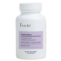 Perelel Choline Boost bottle on counter ready for prenatal wellness.