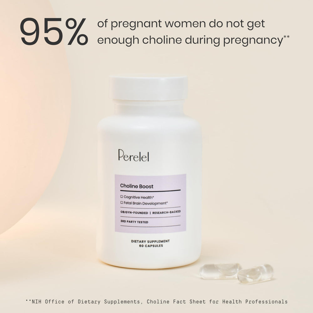 Perelel Choline Boost glass bottle easy daily ritual for new moms.
