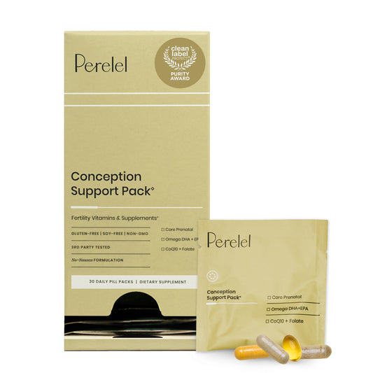 Perelel Conception Pack bottle closeup with daily fertility support on the go