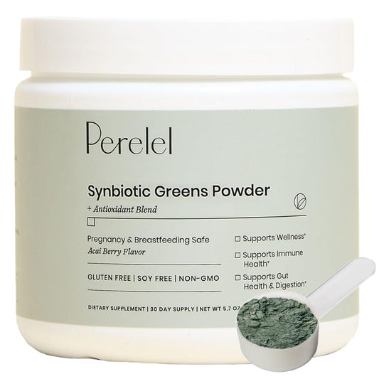 Perelel Synbiotic Greens Powder bottle beside glass of water, convenient daily greens routine.