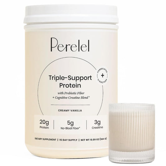 Perelel Triple-Support Vanilla protein powder tub for smooth, creamy shakes and daily protein