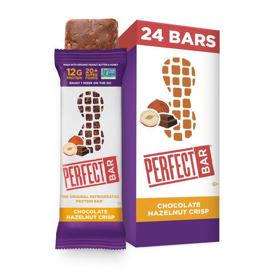 Perfect Bar Original Chocolate Hazelnut Crisp bars show creamy crunch, ideal on-the-go snack.