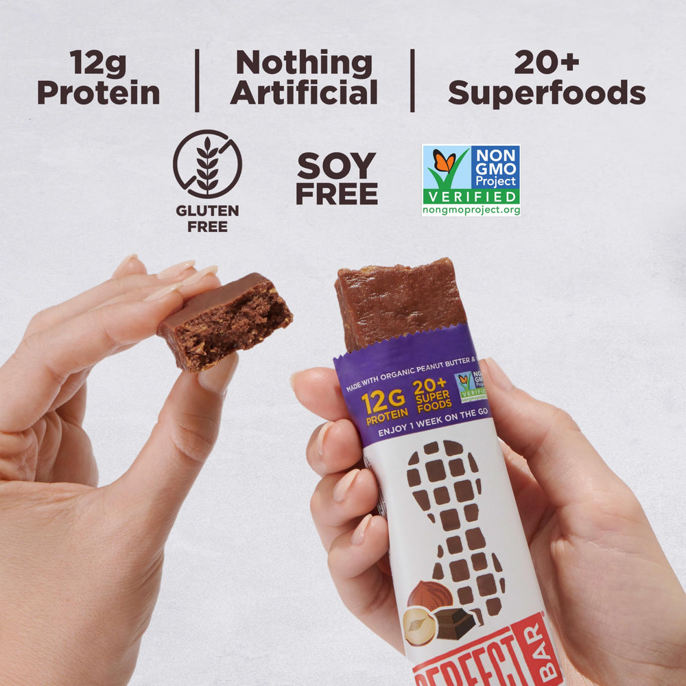 Packaging of Perfect Bar Original Chocolate Hazelnut Crisp in a three-pack.