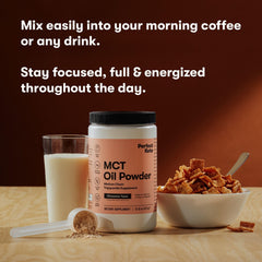 Perfect Keto MCT Oil Powder smoothie glass for keto-friendly shakes.