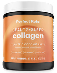 Perfect Keto Beauty + Sleep bottle closeup highlighting collagen support for hair and skin