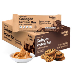 Perfect Keto Collagen Bar peanut butter chocolate chip pack front, high-protein keto snack on the go.