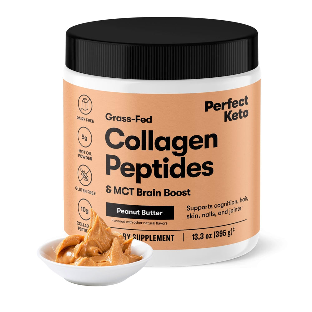 Perfect Keto Collagen Peptides bottle label highlights grass-fed collagen and Type I & III for high-bioavailability protein