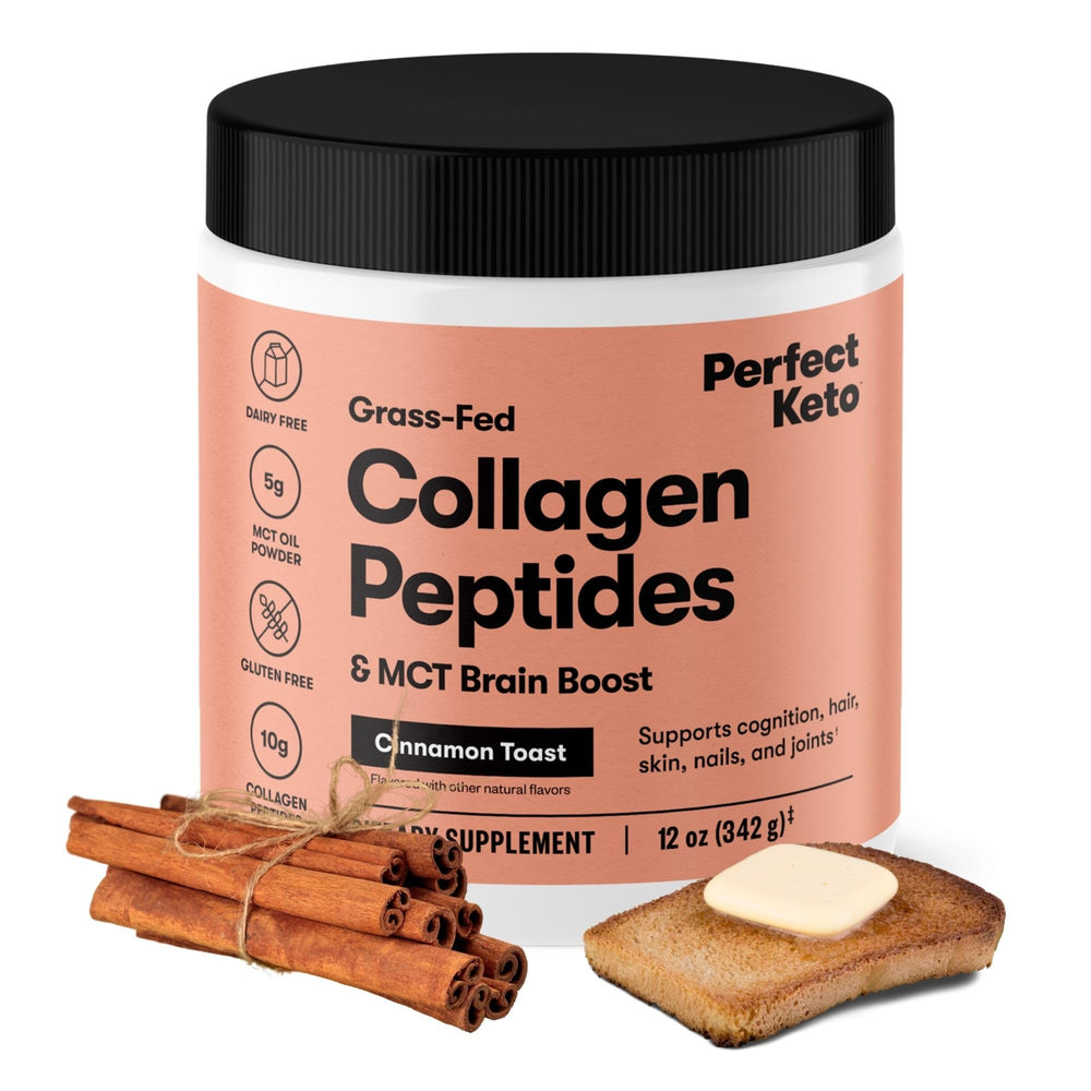 Perfect Keto Collagen Peptides with MCT oil bottle highlighting grass-fed collagen for hair and joints.