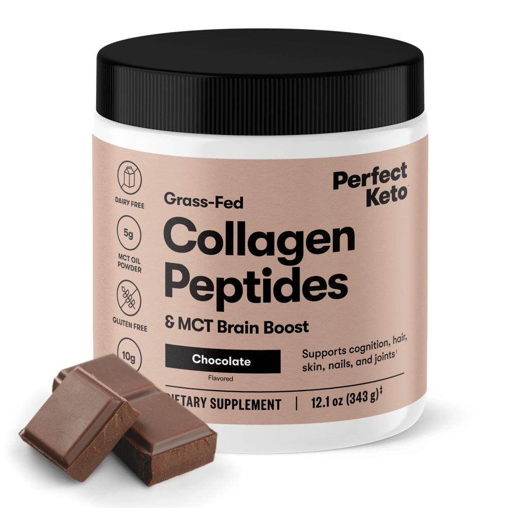 Perfect Keto collagen powder bottle with scoop for easy mixing in coffee or shakes