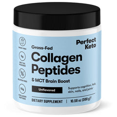 Perfect Keto Collagen Powder bottle showing grass-fed collagen benefits for hair, skin, and joints