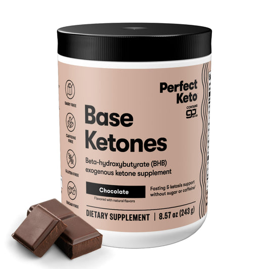 Perfect Keto exogenous ketones chocolate bottle supports ketosis and hydration.