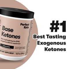 Perfect Keto exogenous ketones powder chocolate glass highlights caffeine-free energy option.