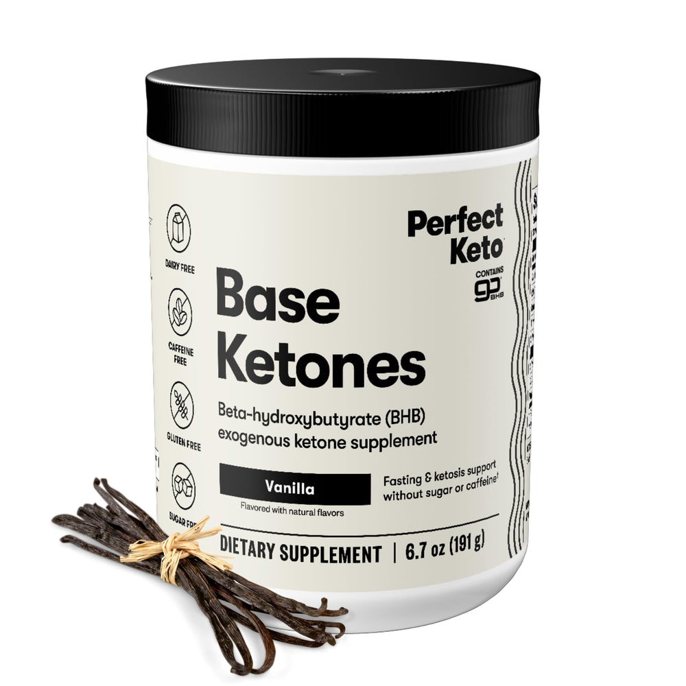 Perfect Keto exogenous ketones powder vanilla tub shows smooth, sugar-free formula for hydration and energy