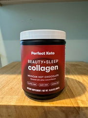 Perfect Keto grass-fed collagen powder being poured into a warm drink for a soothing bedtime ritual.