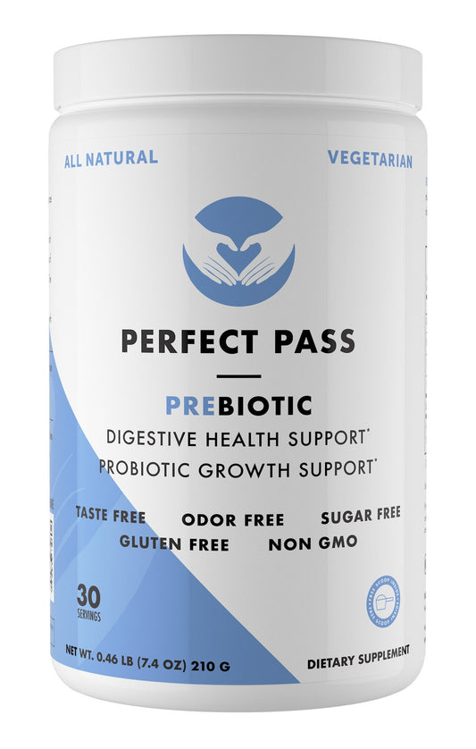 PERFECT PASS Prebiotic PHGG powder bottle highlights gluten-free formula for daily gut support.