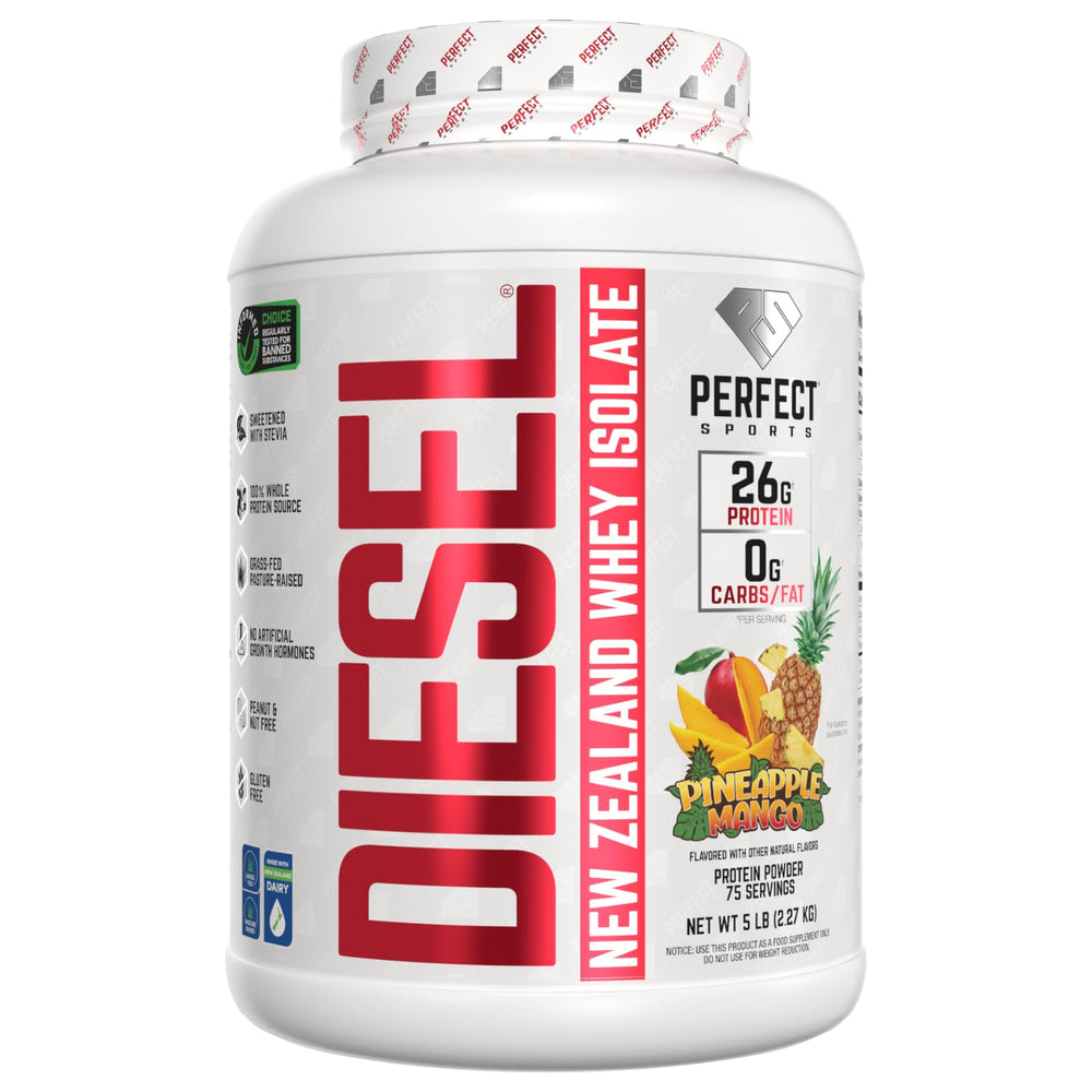 Perfect Sports Diesel bottle with pineapple mango flavor delivers high-protein NZ whey.