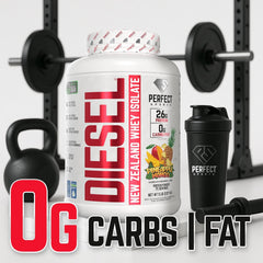 Diesel New Zealand whey label emphasizes stevia-sweetened, no artificial ingredients.