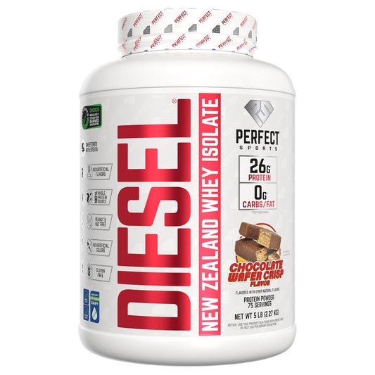 PERFECT SPORTS Diesel whey protein isolate bottle for quick, high-protein recovery after workouts.