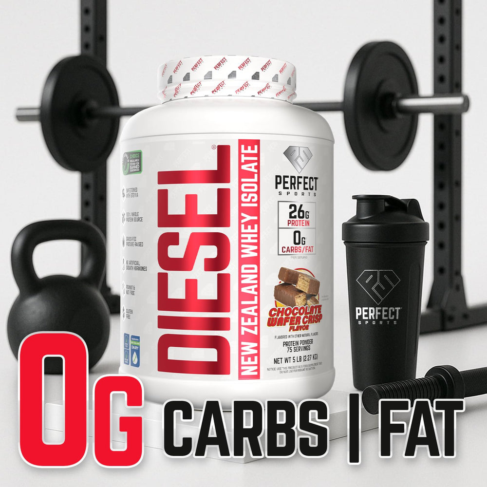 PERFECT SPORTS Diesel whey protein isolate with stevia offers a clean taste.
