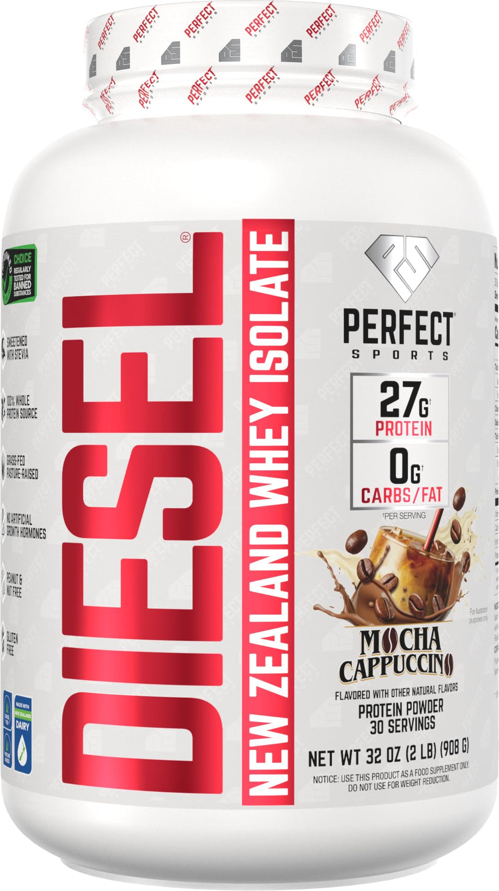 Perfect Sports Diesel NZ whey isolate mocha latte cappuccino bottle, smooth post-workout recovery