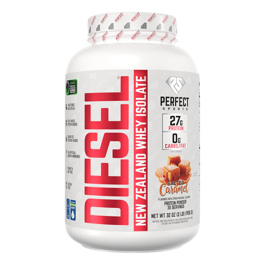 Perfect Sports Diesel NZ whey isolate powder, salted caramel, ready for a shake
