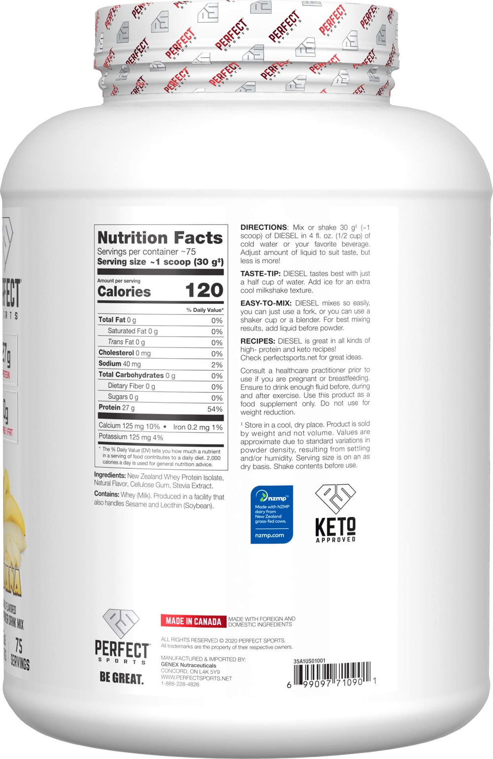 Perfect Sports Diesel banana label highlights NZ grass-fed whey purity