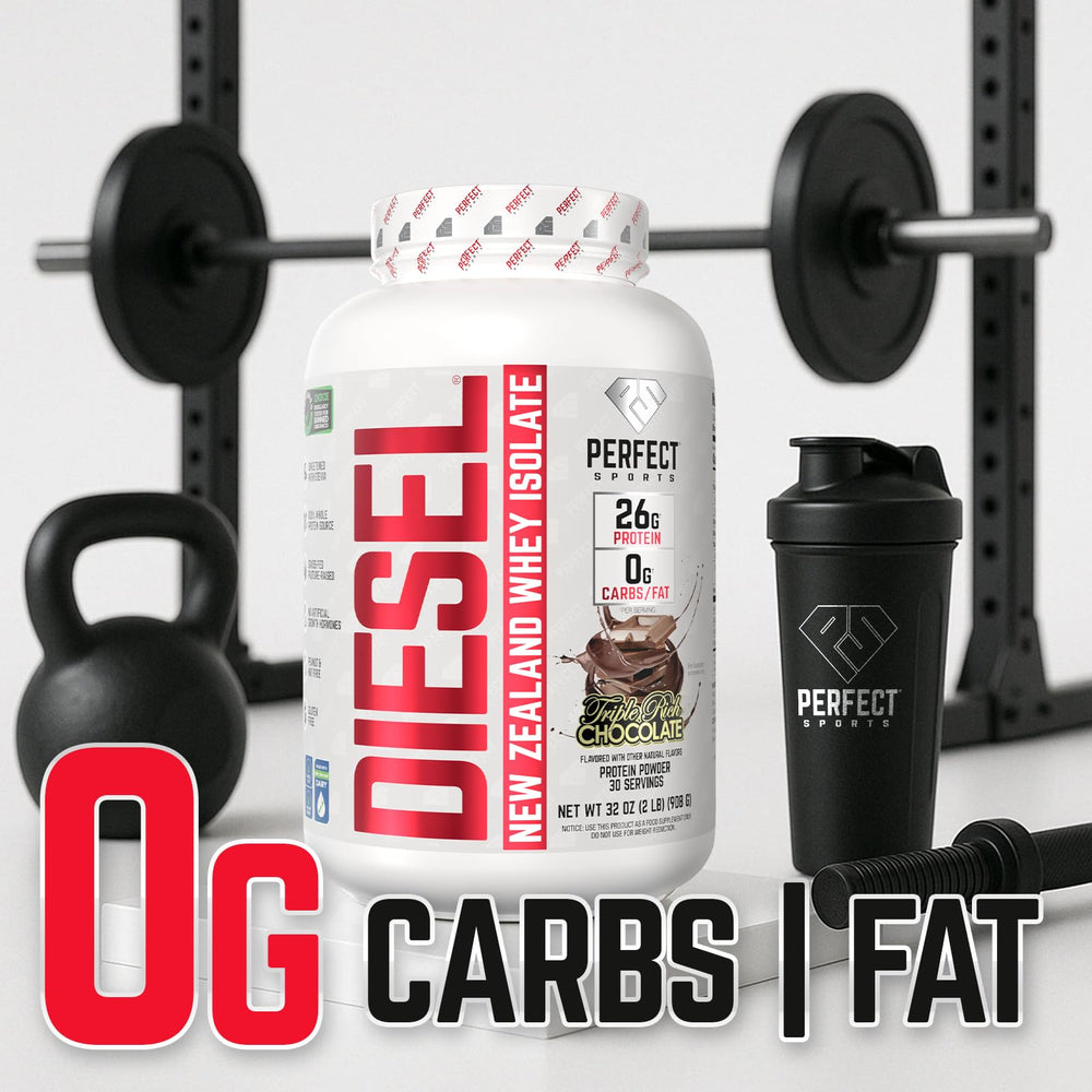Perfect Sports Diesel Whey Isolate shake in a glass with creamy texture.
