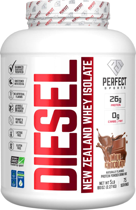 PERFECT SPORTS Diesel Whey Isolate Milk Chocolate powder in a resealable bag for premium protein.