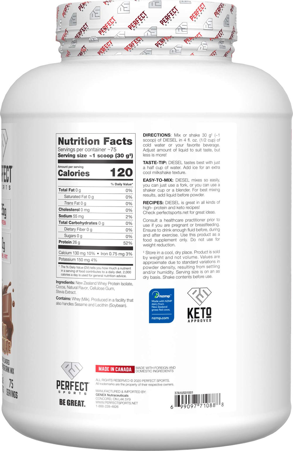PERFECT SPORTS Diesel Whey Isolate Milk Chocolate bottle for quick, smooth protein shakes.