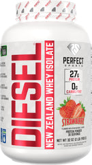 Perfect Sports Diesel Whey Isolate strawberry bottle highlights pure New Zealand whey for post-workout recovery