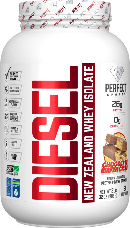 Perfect Sports Diesel whey isolate bottle with Chocolate Wafer Crisp description for a high protein post workout shake