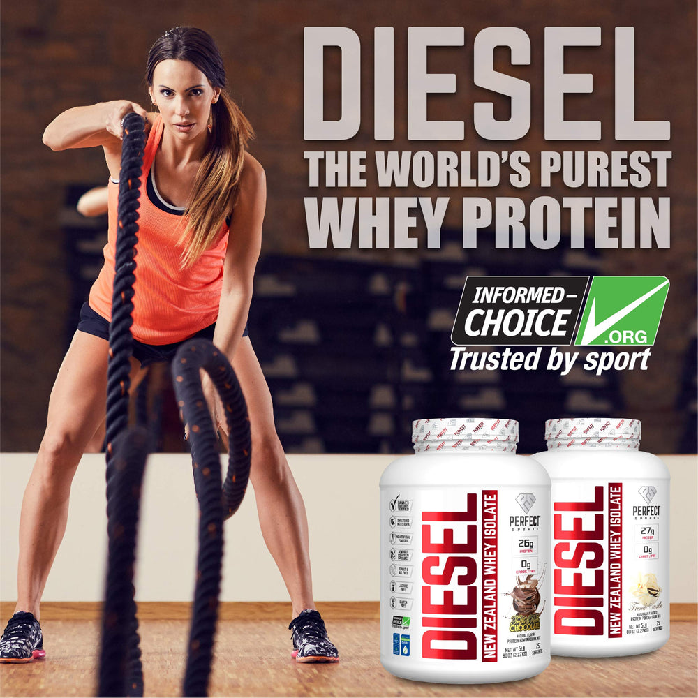 PERFECT SPORTS Diesel whey isolate Cookies 'N Cream serving shows 0g carbs and 0g fat