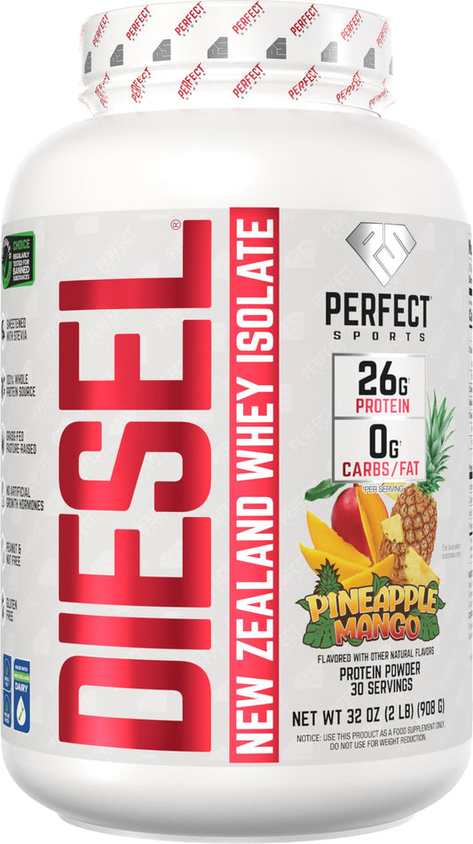 Perfect Sports Diesel tub front showing pineapple mango flavor and high-protein nutrition for workouts