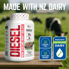 Close-up of Diesel label noting pasture-raised dairy and stevia sweetness.