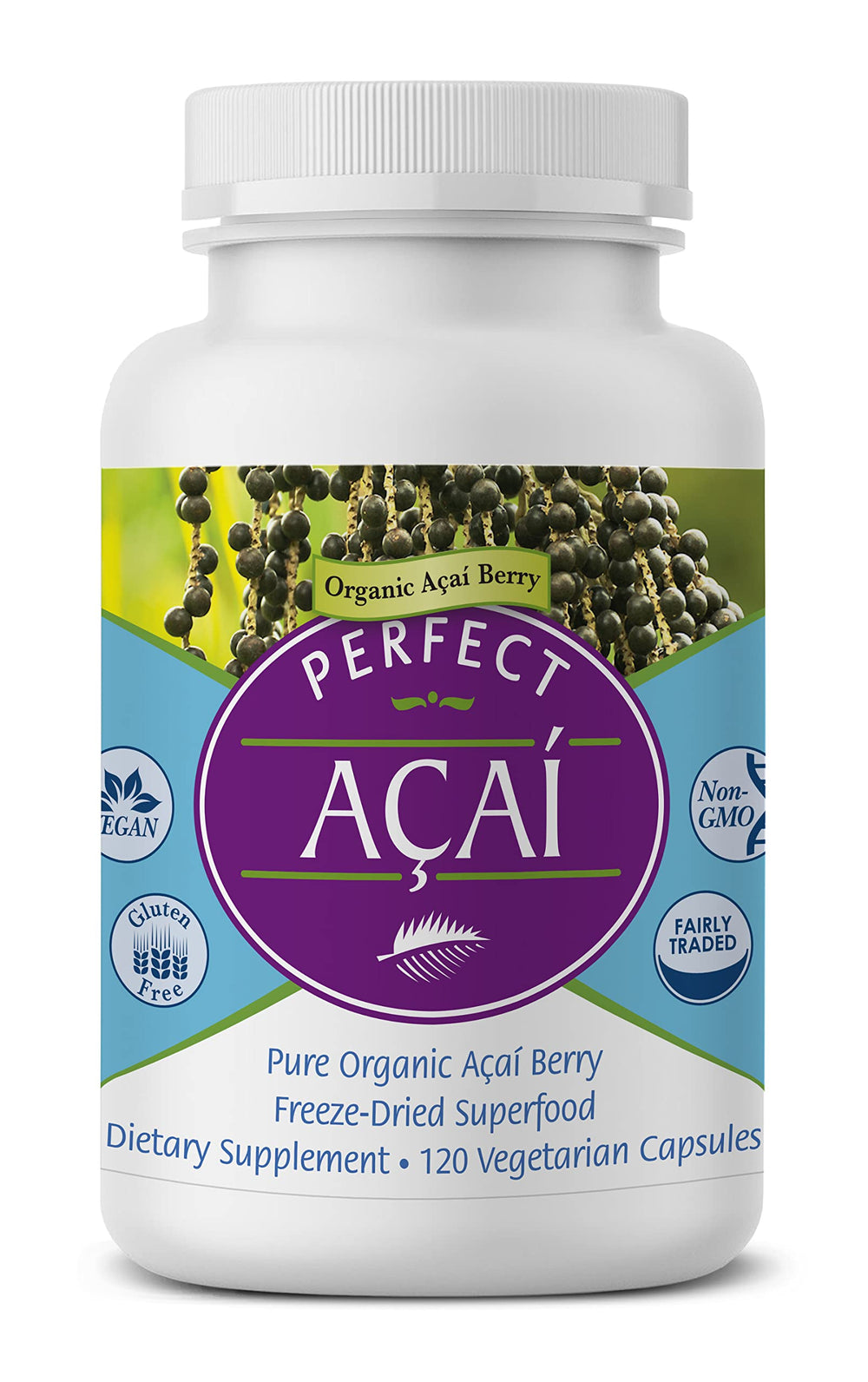 Perfect Supplements Acai bottle front for daily, plant-based capsules